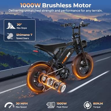 Tamobyke T16 Electric Bike for Teens & Childs, 1000W Motor 48V15.6Ah Removable Battery, 30MPH Off-Road Electric Bicycle,16"Fat Tire Ebike for Kids, 7-Speed,Dual Hydraulic Brakes, Fits Riders 5'0"-5'7" - Image 2