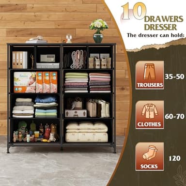 WLIVE Dresser for Bedroom with 10 Fabric Drawers, Tall Chest Organizer Units for Clothing, Closet, Storage Tower with Cabinet, Metal Frame, Wooden Top, Black Dresser for Living Room - Image 4