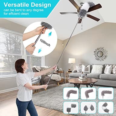 12pcs Microfiber Dusters, Duster with Extension Pole(Stainless Steel) 30 to 100'', Washable Dusters, Bendable Extendable Long Feather Duster for Cleaning Fan, High Ceiling, Blinds, Furniture, Cars - Image 4