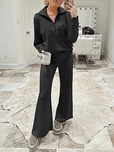 ANRABESS Women 2 Piece Outfits 2025 Fall Fashion Airport Wide Leg Pants Lounge Set Leisure Travel Vacation Clothes Sweatsuits Black Small - Image 9