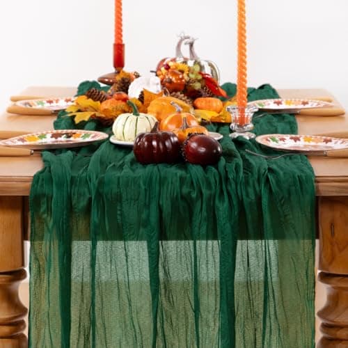DeZerlor Emerald Green Cheesecloth Table Runner Fall Table Runner Boho Gauze 120 Inches Green Cheese Cloth Fall Table Decorations for Thanksgiving Wedding Bridal Baby Shower Tea Party - Image 1