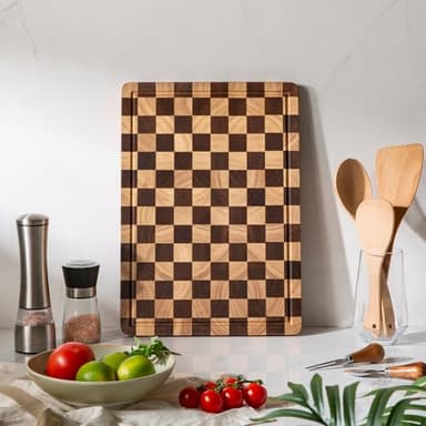 THETCHRY Cutting Boards for Kitchen, Checkered Cutting Board Upgraded, Acacia Wood Chopping Board with Juice Grooves & Handles, Large Butcher Block Serving Tray with Gift Box, 16.5" x 11.6" x 0.8" - Image 7