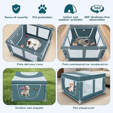 Dog Kitten Playpen with Cover, 42x42 x25.5 Puppy Playpen for Small Pet with See-Through Topper Proof, Green - Image 6