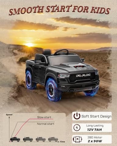 First Ride On 12V Licensed Ram 1500 Ride on Toy for Kids, Toddler Ride on Pickup Truck with Parent Remote Control, Electric Car for Kids with Truck Bed Storage, 3 Point Safety Belt (Black) - Image 8