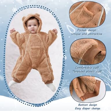 AiWMGL Newborn Baby Bear Outfit Suit 3-6 Months Girls Boys Fleece Jumpsuit Romper Hooded Coat Winter Clothes Outwear Snowsuit - Image 5