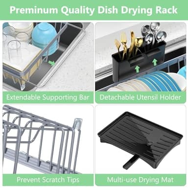 LEMIKKLE Sink Dish Drying Rack - Expandable Small Dish Rack Over Sinks with Drying Tray, Dish Drainer for Kitchen Counter with Cutlery Holder, Drying Rack Fit for 14’’-19’’ Kitchen Sink - Image 6