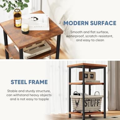DUMOS End Table, 3 Tier Side Sofa Tables for Small Space, Storage Shelf, Nightstand with Adjustable Feet for Living Room, Bedroom, Office, Set of 1, Rustic Brown - Image 5