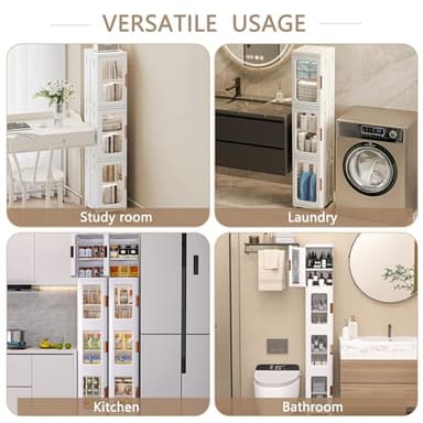 VECELO 4-Tier Plastic Tall Narrow Storage Cabinet with Movable Wheels, Adjustable Shelves, Magnetic Doors, Slim Bathroom Organizers and Storage for Small Space, Bathroom, Kitchen, Laundry, White - Image 6