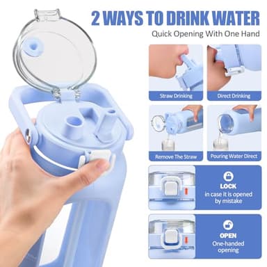 BLUEGO 64oz Glass Water Bottle with Handle and Straw, Motivational Sports Water Bottle with Time Marker and Silicone Sleeve Leakproof Drinking Bottle for Travel Gym Workout, Light Blue - Image 4