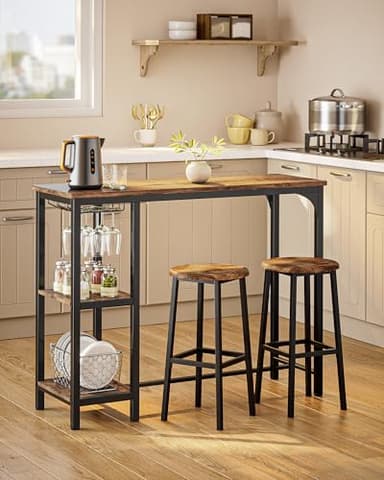 Qsun 3-Piece Bar Table Set for 2, Table with Stools & 2 Storage Shelves, Small Bar Table Set with Glass Rack, Small Kitchen Table for Dining Room, Living Room, Rustic Brown - Image 9
