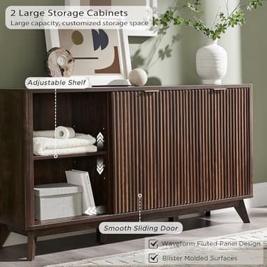 T4TREAM 60" Fluted Dresser with Sliding Doors and 4 Drawers, Modern Chest, Curved Profile Design, Dresser TV Stand, Wood Drawer Organizer for Bedroom, Living Room, Dark Walnut - Image 4
