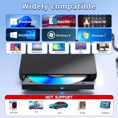aelrsoch External Compatible Blu ray Drive Player Read/Write Compatible Bluray Burner Compatible USB 3.0 and Type-C DVD Burner Blu-ray/DVD/CD, BD Drive, Windows 7-11 & Mac, PC M-DISC（Black） - Image 5