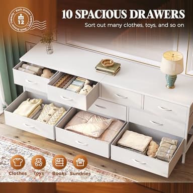 Huuger 63 Inch Dresser for Bedroom, Long Dresser with 10 Fabric Drawers, TV Stand for 55, 65, 70 Inch TV, Toy Storage Organizer for Closet, White - Image 5