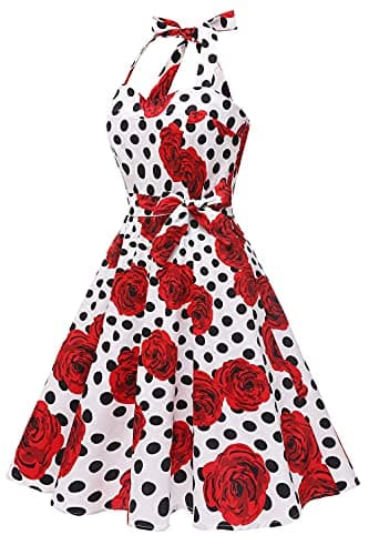 Topdress Women's Vintage Polka Audrey Dress 1950s Halter Retro Cocktail Dress White Dot/Rose M - Image 5
