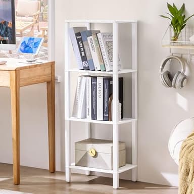 YUFAM 4 Tier Tall Wooden Bookshelf with Storage - Small White Bookcase for Small Spaces, Shelf for Living Room, Office, Bedroom, Kitchen - Industrial Modern Book Shelf - Image 3