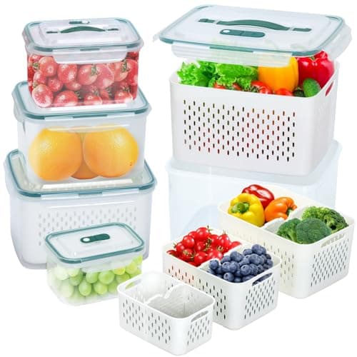Upgraded Fresh Produce Vegetable Fruit Storage Containers，Large Fruit Containers for Fridge with Lid Vent Handle and Colander ，Keep Berry Fruit Vegetable Food Meat Fresh Longer (5) - Image 1