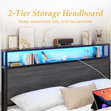 Lifezone Queen Bed Frame with 2-Tier Storage Headboard, Metal Bed Frame with Storage Drawers & Built-in Charging Station & LED, Noise-Free, No Box Spring Needed, Easy Assembly, Rustic Grey - Image 6