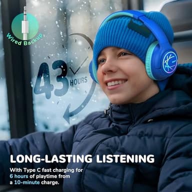 iClever Kids Bluetooth Headphones with LED Lights, 43H Playtime, Type-C Fast Charging, BTH18 Safe Volume 74/85dBA, Bluetooth5.3,Toddler Headphones Aux Cord for iPad/Tablet/Travel/School, Blue - Image 4