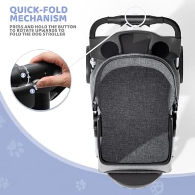 Magshion 3-Wheel Pet Stroller, Foldable Travel Jogger for Small & Medium Dogs & Cats (Up to 33lbs), Lightweight Carrier with Breathable Mesh Cover, Cup Holder & Storage Basket, Gray - Image 7