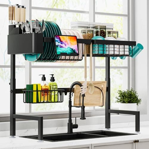 ilvvan Over The Sink Dish Drying Rack (Expandable Height and Length) Snap-On Design 2 Tier Large Dish Rack (23" - 34" L x 11" W x 19" - 21.5" H) - Image 1
