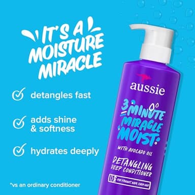 Aussie 3 Minute Miracle Moist Deep Conditioner for Dry Hair, Avocado & Jojoba Oil, Safe for Color Treated Hair, Nourishing Hydration, Silky Shine, Paraben-Free, 16 Fl Oz Each, Triple Pack - Image 2