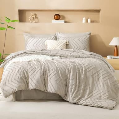 Litanika King Size Comforter Set with Sheets Beige - 7 Pieces Bed in a Bag King Chevron Tufted Boho Luxury Bedding Sets with Comforter, Sheets, Pillowcases & Shams - Image 2