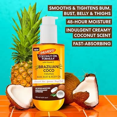 Palmer's Coconut Oil Formula Brazilian Coco Firming Body Oil with Vitamin E, 6.5 Fl Oz, Helps with Skin Tightening & Firming of Bum, Bust & Belly, Provides 48Hr Moisture, Dermatologist Approved - Image 3