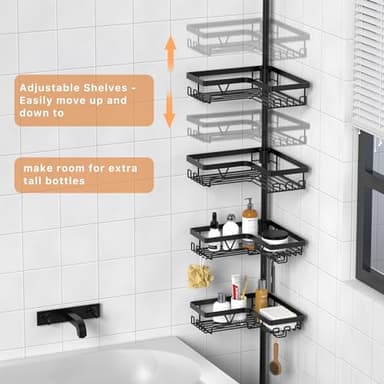 KEGII Corner Shower Caddy Tension Pole - Shower Tension Rod Organizer, Floor to Ceiling Shower Caddy 25-114.2 inch, Towel Rack Corner Waterproof, Black - Image 2
