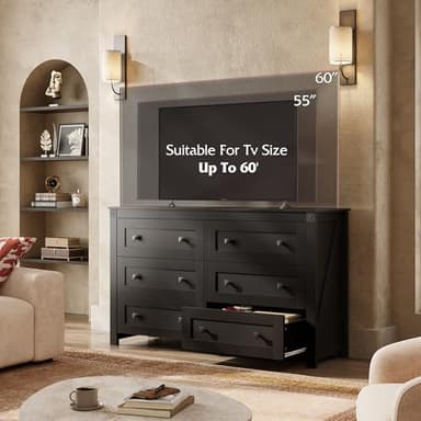 WLIVE Farmhouse Black Dresser for Bedroom, 53.07'' Wide 6 Drawer Wood Dresser, Chest of Drawers with Double Rustic Handle, TV Stand for 60 inch TV, Modern Clothes Organizer for Living Room, Hallway - Image 5