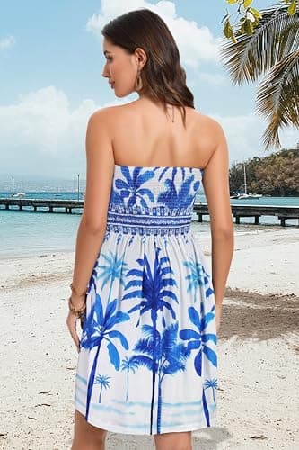 CHICGAL Strapless Dresses for Women Casual Sundress Summer Beach Cover Ups Off Shoulder Boho Print(White Blue Tree,S) - Image 6
