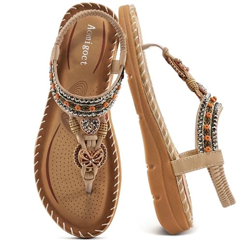 Aomigoct Sandals Women Flat Shoes: Dressy Summer Bohemian Flats Shoes for Women Sandals Comfortable Ankle Strap Outdoor Walking - Image 1