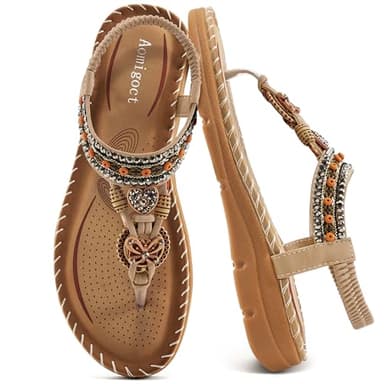 Aomigoct Sandals Women Flat Shoes: Dressy Summer Bohemian Flats Shoes for Women Sandals Comfortable Ankle Strap Outdoor Walking - Image 1