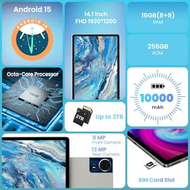 14 inch Large Screen Tablet, Android 15 Tablet 16GB RAM 256GB ROM, 1920 * 1200 IPS FHD Display, Widevine L1, 10000mAh 18W Charging, Wi-Fi & Bluetooth, 4G LTE, with Stand Case & Stylus - Image 2