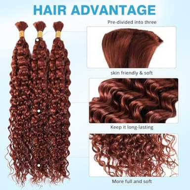 Dark Ginger Human Braiding Hair Water Wave Bulk Human Hair 150g 18 Inch Curly Human Hair for Boho Braids Hair Extensions No Weft 3 Braids Per Pack Wet and Wavy Human Hair Braiding Hair Color 350 - Image 4
