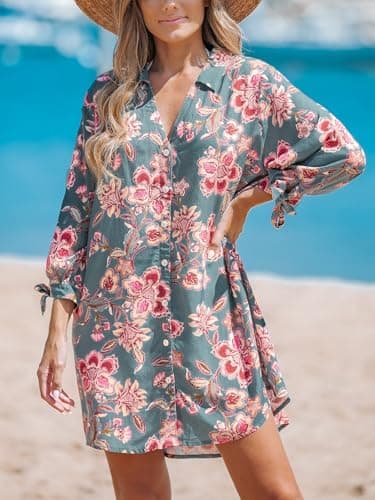 CUPSHE Women Mini Summer Dresses Cover Up Floral Top Shirt 3/4 Sleeve Cuff Tie Button Down Casual Sundress Beach Dress Cover Ups, Paisley Floral L - Image 6