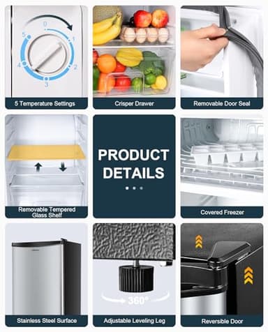 Upstreman 3.2 Cu.Ft Mini Fridge with Freezer, Single Door Mini Fridge, Dorm Fridge, Adjustable Thermostat, Mini Refrigerator for Dorm, Office, Bedroom, Stainless Steel-SR321 - Image 4