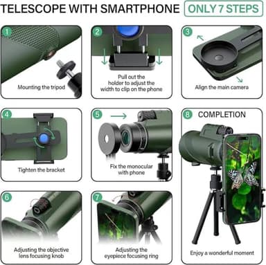 80x100 High Power Monocular Telescope, HD BAK4 Prism with Phone Adapter & Tripod, 80x Magnification for Adults, Compact Spotting Scope for Bird Watching, Hunting, Hiking, Concerts（Green - Image 3