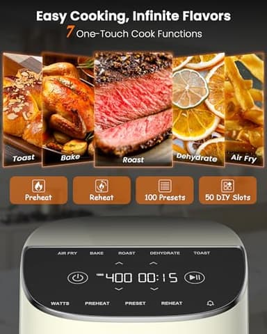 Nuwave Brio Plus Air Fryer 8 Qt, New & Improved, PFAS-FREE, 7 Digital One-Touch Cook Functions that AIR FRY, BAKE, ROAST, DEHYDRATE, TOAST, REHEAT, PREHEAT, 150 Presets, 50°F~400°F (Cream) - Image 2