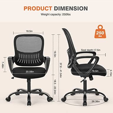 Sweetcrispy Home Office Computer Desk Chair, Managerial Executive Ergonomic Mid-Back Mesh Rolling Swivel Chair with Wheels, Comfortable Lumbar Support, Comfy Arms for Bedroom, Study, Student, Black - Image 2