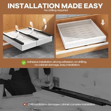 Seinloes 4Pack Expandable Pull Out Cabinet Organizer 21"Deep with Raising Pad for Framed Cabinets,Slide Out Drawers with 4pcs Divider Racks,Roll Out Shelves Adhesive,Adjustable Width 12.05"-20.4"White - Image 7