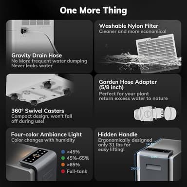 4500 Sq.Ft Most Efficient Energy Star 2025 Dehumidifier,AEOCKY Max 80 Pint/D(Standard 56Pint/D) Smart Compressor Dehumidifier with Drain Hose, Intelligent Humidistat,for Basement,Bedroom,Home,Bathroom - Image 6