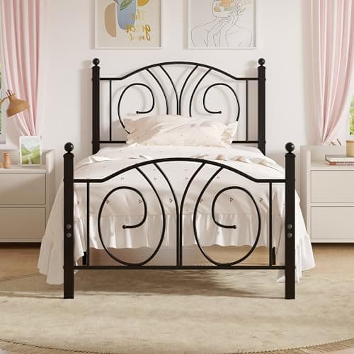 VECELO Twin Size Metal Platform Bed Frame with headboard and Footboard, Heavy Duty Mattress Foundation, Steel Slat Support, No Box Spring Needed, Easy Assembly, Matte Black - Image 1