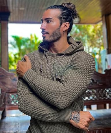 Zaitun Mens Hooded Sweatshirt Long Sleeve Solid Knitted Hoodie Pullover Sweater Army Green - Image 5