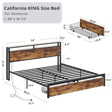 LIKIMIO California King Bed Frame with Storage Headboard, Platform Bed with Drawers and Charging Station, No Box Spring Needed, Easy Assembly, Vintage Brown - Image 2