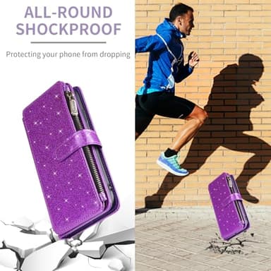 Asuwish Phone Case for iPhone Xs Max Wallet Cell Cover with Tempered Glass Screen Protector Strap Glitter Zipper Flip Credit Card Holder i X XR Xsmax 10x SX Xmax 10xs 10s 10 Plus Xmaxs Women Purple - Image 7
