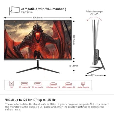 Gawfolk 27 inch 2K QHD(2560×1440) PC Screen, 165Hz Gaming Monitor, 1ms Without Bezel, FreeSync,98% sRGB, 178° Wide Viewing Angle, HDMI2.0、DisplayPort, 75 * 75MM Wall Mount Compatible - Black - Image 6