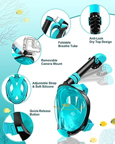 Viginsul Mask Fins Snorkeling Gear for Adults, Full Face Snorkel Mask & Adjustable Swim Fins Snorkel Set, Panoramic View Snorkel Mask Dry Top Anti-Fog Anti-Leak - Image 2