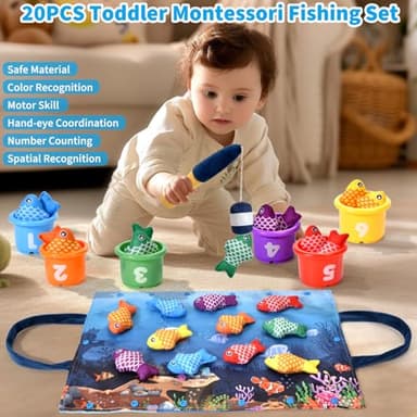 Montessori Toys for 1 Year Old,20PCS Baby's Sensory Toy First Fishing Toy Set for 1-3 Boy Girl Birthday Gift,Educational Learning Toys Stacking Cups Number Counting, Color Sorting for 12-18 Month Baby - Image 2