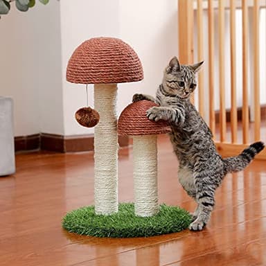 PETEPELA Cat Scratching Post, Mushroom Tall Cat Scratcher Featuring with Natural Sisal Scratching Poles and Interactive Toy Ball for Kittens and Small Cats (Brown) - Image 7