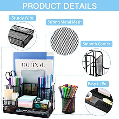 BCCICE Desk Organizers Caddy and Accessories with 7 Compartments + Pen Holder / 72 Clips Set, Drawer, Black Mesh Office Supplies Desktop Organizer for Home, Office Ect - Image 3